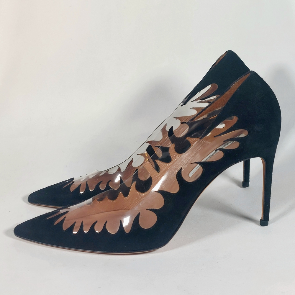 Brian Atwood Black Flame Cutout Suede Stiletto Pumps, 40.5, EUC
